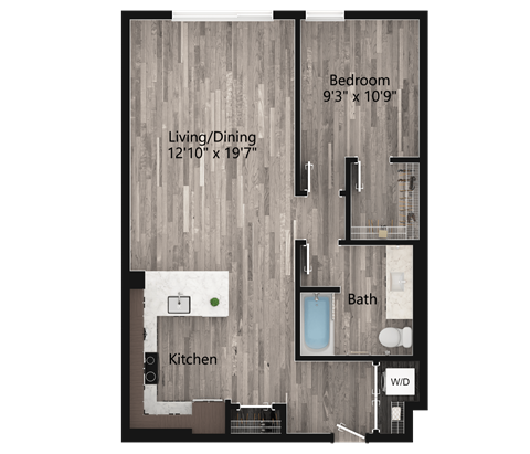 Floor plan for 1 bed, 1 bath, 763 sqft